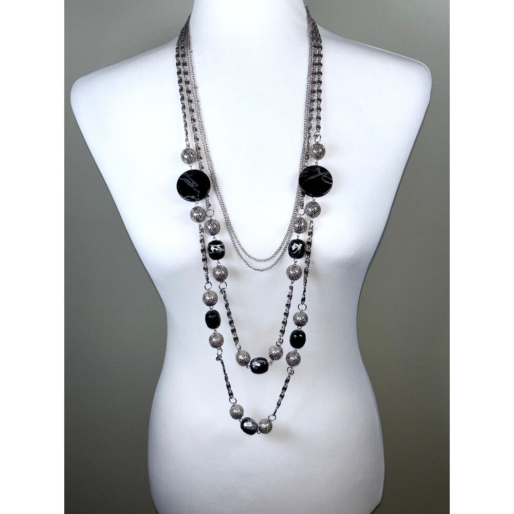 Vintage Silver Tone Black and Silver Beaded Multistrand Statement Necklace